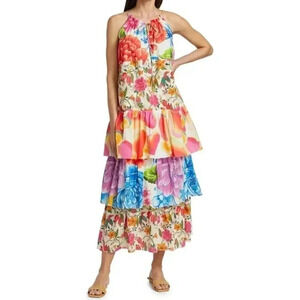 NWT Farm Rio White Mixed Prints Tiered Maxi Dress Tropical Cotton Size Small